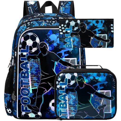 Image of gxtvo 3PCS Boys Soccer Backpack, 17 inch Kids Football Bookbag with Lunch Box, Water Resistant Middle Elementary Preschool School Bag
