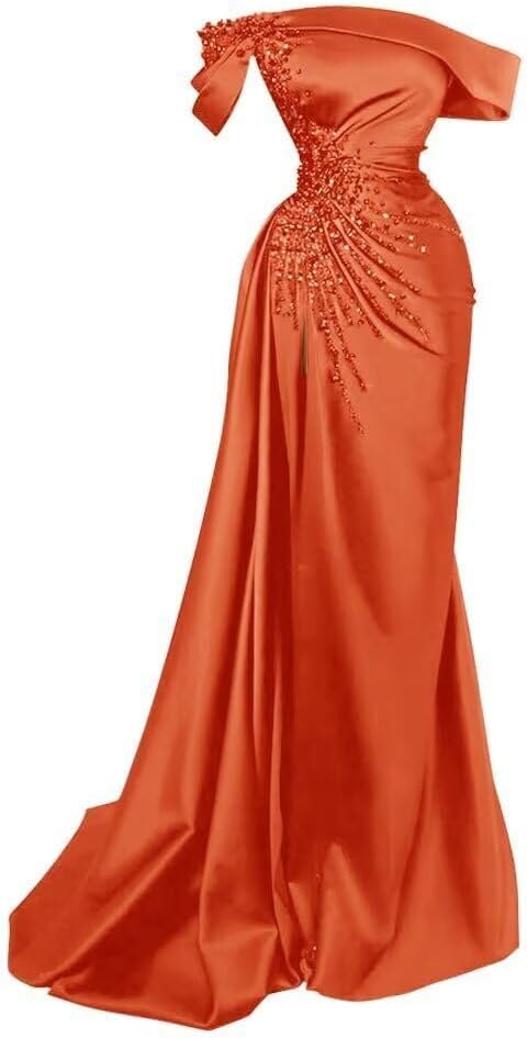Satin Bridesmaid Dresses for Women Maxi Off Shoulder Evening Formal Party Gown Mermaid Beads Prom Dress with Slit