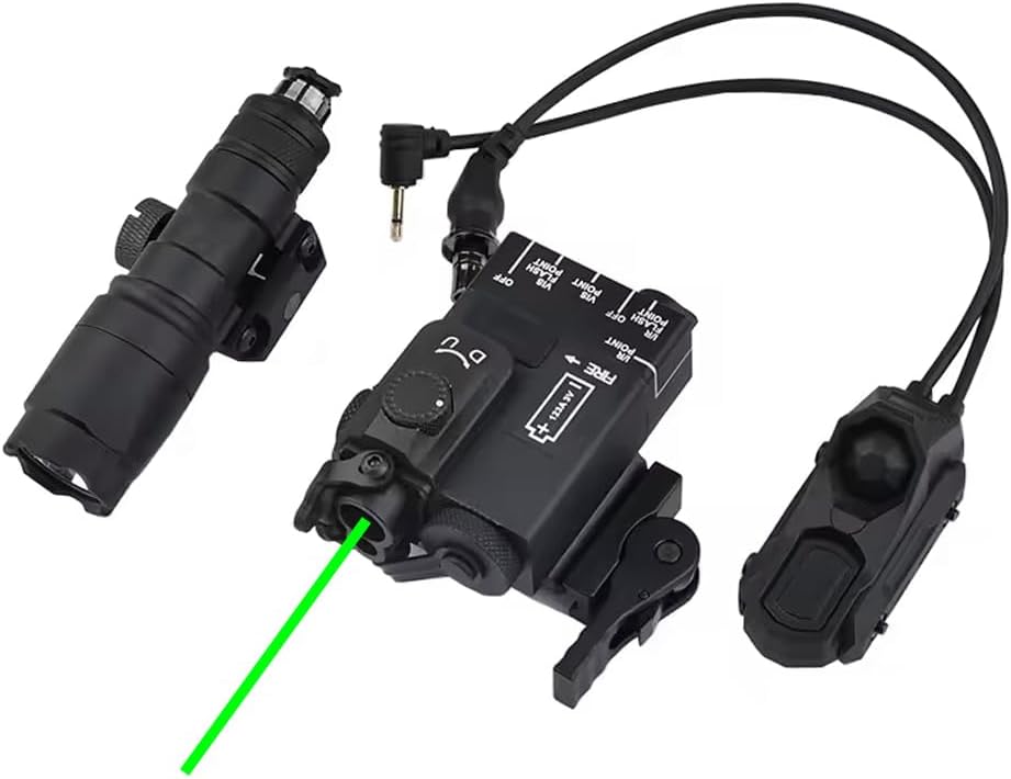 MINI/DABL-A2 Box Airsoft Laser Sight Indicator with (Red/Green/Blue Laser+IR Illuminator+Quick Detach Base Mount), & M300A LED Flashlight & Remote Pressure Switch (2.5mm+SF) Combo, Fit Picatinny Rail