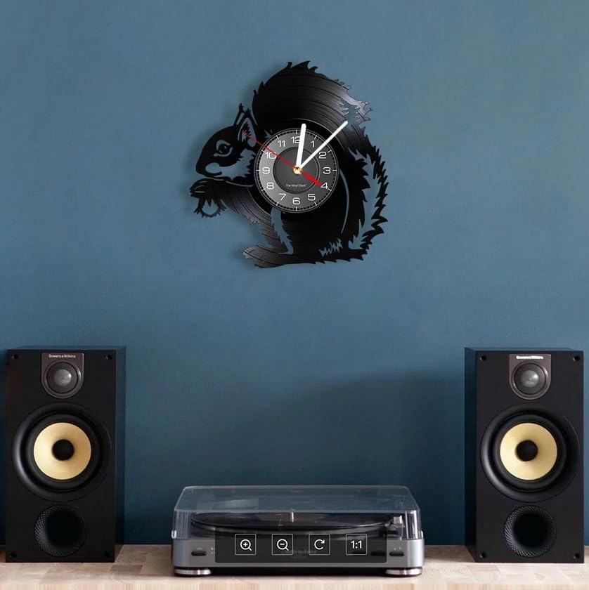 30cm Silent Clock Squirrel Wall Clock Squirrel Holding an Acorn Vinyl Record Wall Clock Animal Kid Room Nursery Wall Art Decorative Wall Watch for Room Decor