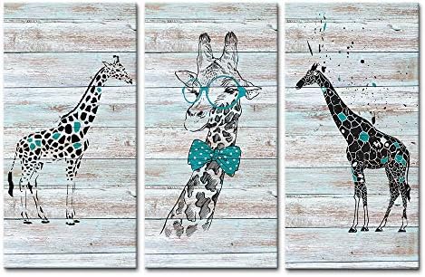 DekHome Funny Animals Canvas Prints 3 Cute Giraffes Picture on Wood Background Canvas Wall Art for Bedroom Nursery Room Decor Ready to Hang 12"x24"x3pcs