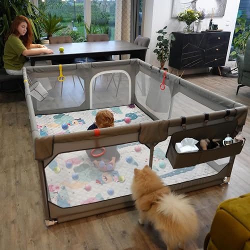 Image of Baby Playpen with Mat 79"*70", Extra Large Playpen for Babies and Toddlers with Storage Bag, BPA-Free, Non-Toxic, Safe No Gaps Playards for Babies, Sturdy Safety Play Yard for Indoor Outdoor Fun, Grey