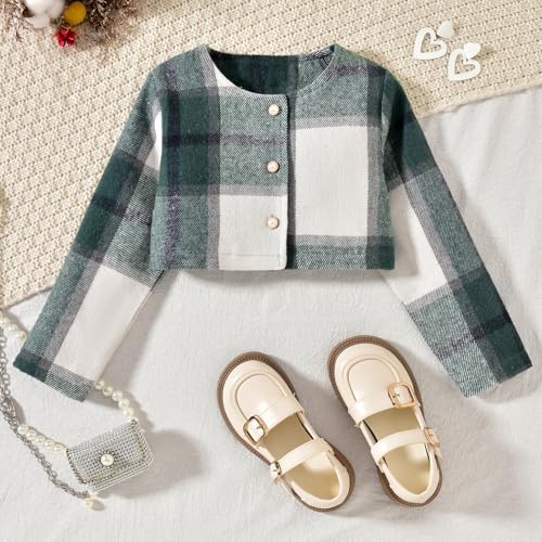 Image of HINTINA Toddler Girl 4 Pieces Outfits Ruffles Long Sleeve Tops Plaid Skirt Jacket And Hat Fall Winter Clothes Set