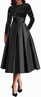 Women's Long Sleeve Mother of The Bride Dresses with Pockets Sequin Prom Dress Satin A Line Formal Evening Gown
