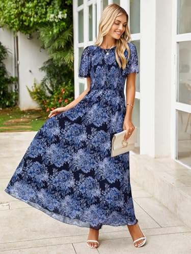 Image of Simplee Womens Casual Floral Summer Maxi Dress 2026 Boho Flowy Short Sleeve Crew Neck Vacation Smocked Chiffon Dresses