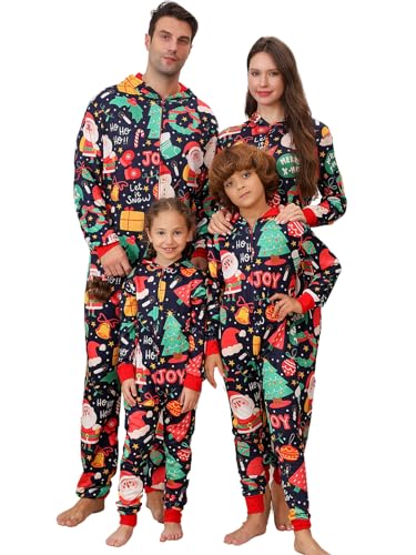 Family Matching Christmas Onesie Pajamas, Hooded One Piece Xmas Pajamas Onesie Adult Pajama for Women/Men/Couples Holiday Adult Onesie Pjs Sleepwear (Men,XL,Navy JOY)