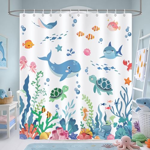 COZZSNUGE Rideau de Douche Enfants, Rideau de Baignoire Mignon Baleine Tortues Marines Poisson Corail Océan 180 x 180 cm Polyester Imperméable Résistant à...