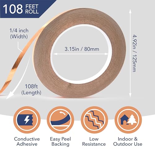 Image of Kraftex Copper Tape [1 /4 inch x108ft, 2PK] - Copper Foil Tape for Stained Glass, DIY Crafts, Guitar Shielding, Slug Control & Faraday Projects