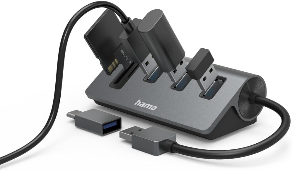 Hama USB Hub/Reader Cards, 5 Ports, 3X USB-A, SD, microSD, with Adapter. USB-A, 10 Year Warranty, Grey