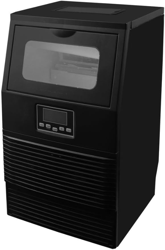 bersudut view of the Goldair GIM-30 Ice Maker, showing its side profile and compact design.