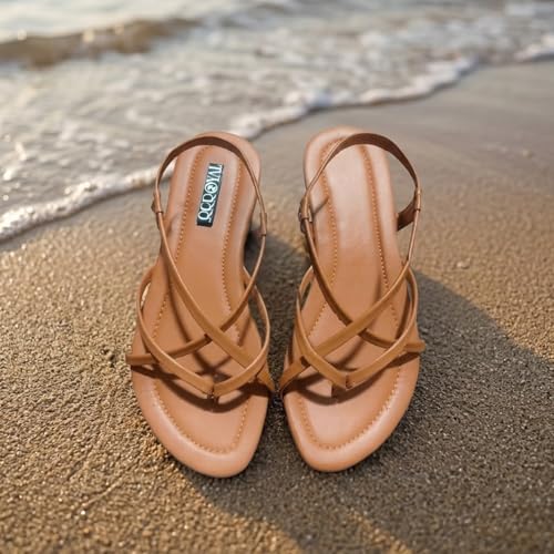 Image of Women's Strappy Flat Sandals, Black and Peach, Casual Summer Footwear