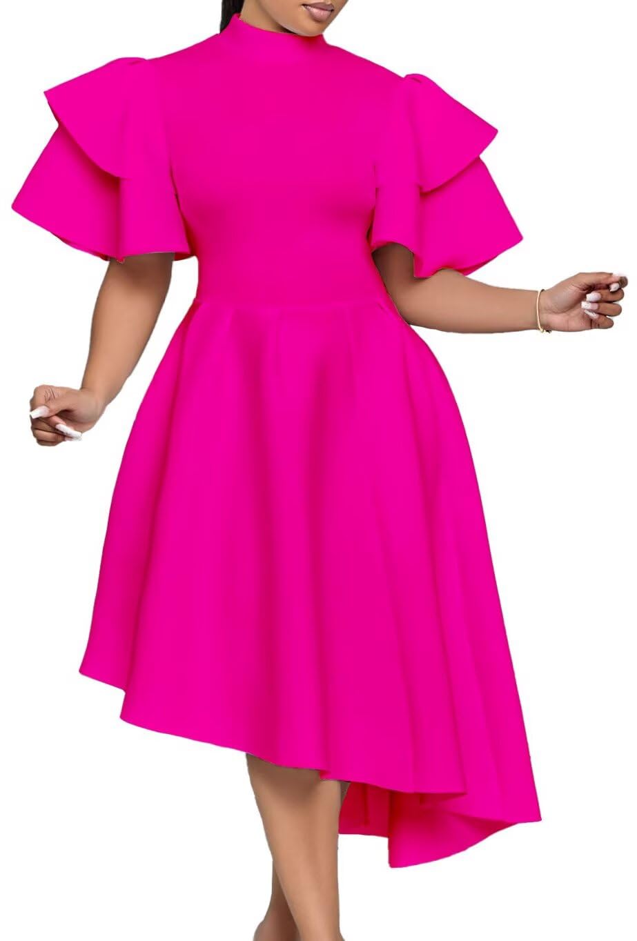 Long Fuchsia Formal Dresses for Women Gowns Evening Party Cocktail Dress,Elegant Wrap Ruffle Wedding Guest Dresses