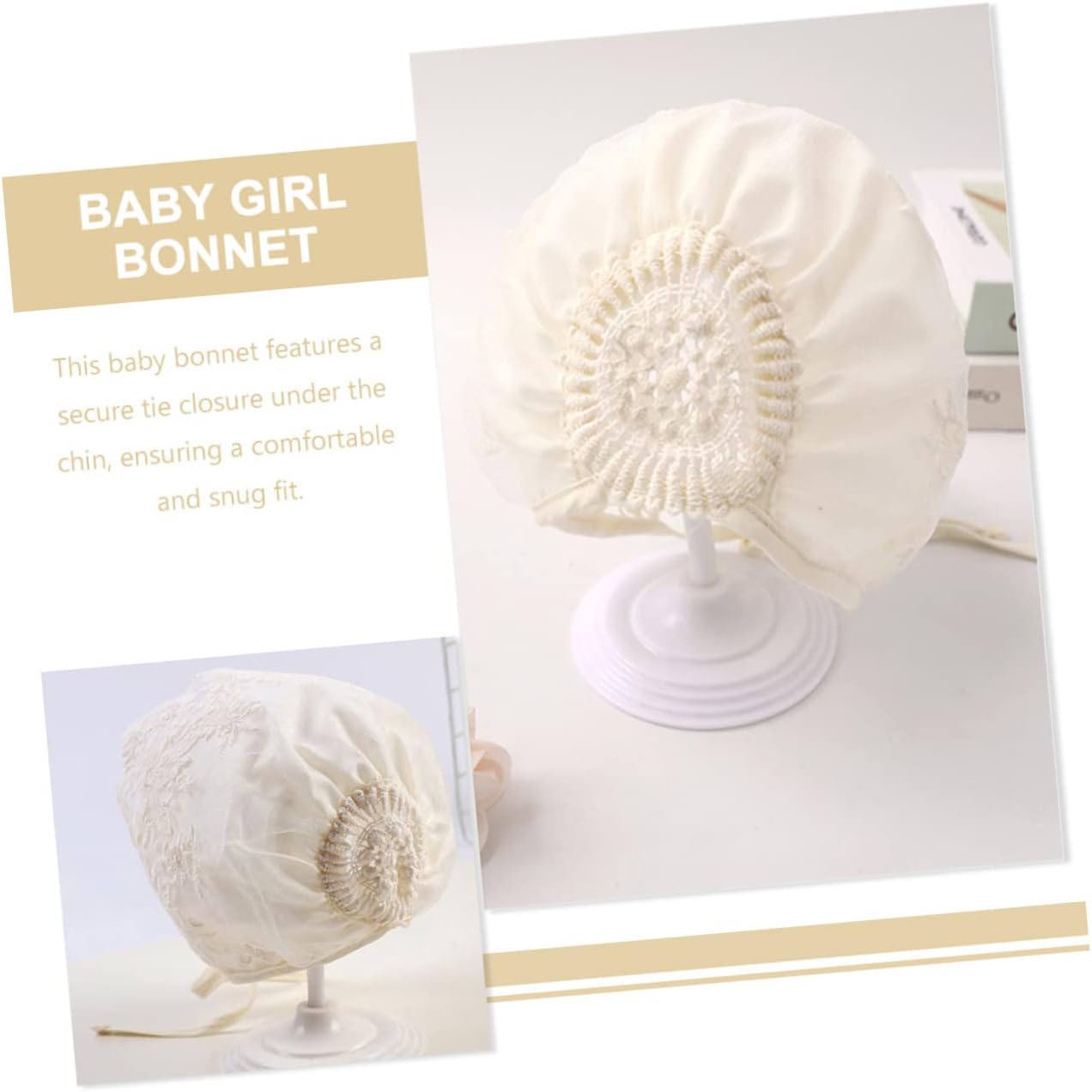 2pcs Baby Girl Lace Bonnet for Newborn Baptisms Photo Shoots Beige