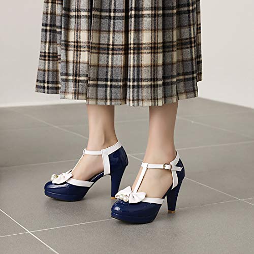 VOKLIN Women's Ladies Bow T-Strap Mary Jane Pumps Round Toe Platform Ankle Strap High Heel Dress Pump Shoes3