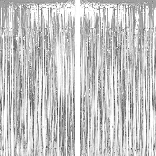 Silver Tinsel Foil Fringe Curtains Winter Wonderland Baby Shower Birthday Wedding Happy New Year Christmas Retirement Graduation Anniversary Event Celebration Party Photo Booth Backdrop Decoration,2pc