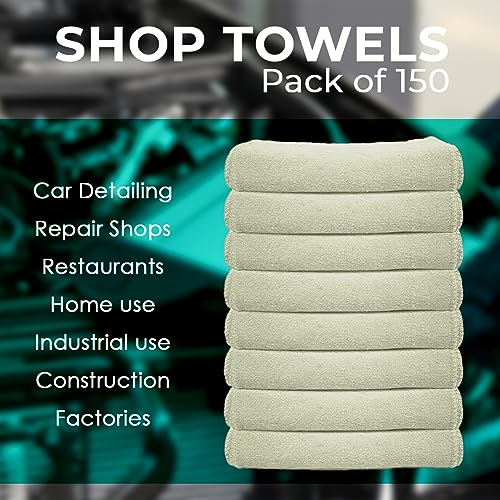 Avalon Towels Cotton Shop Rags – (Pack of 150) Size 12x14 Inches Cleaning Rags – Absorbent Shop Towels and Multipurpose Cleaning Towels for Automobiles, Industries, Garage and Homes (Natural)