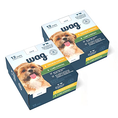 Image of Amazon Brand - Wag Wet Dog Food Cups, Chicken & Lamb Pate Variety Pack, 3.5 Oz, Pack of 24