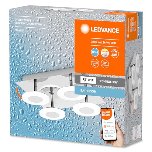LEDVANCE Smart LED Badezimmerlampe chrome, 26W, 2800LM, 3000-6500K, 30cm, IP44, Orbis Wave Wandleuchte, Badezimmerleuchte mit Wifi Technologie, dimmbar, steuerbar über App und Sprachassistenten