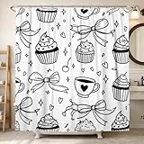 Cupcake-Duschvorhang, Fantasievoller Spaß, Schleife, Herz, keine, schwarz, waschbar, mit Haken, Krallenfuß, Badewanne, Duschvorhänge für Zuhause, Badezimmer, WC, Hotel, Dekoration, 157 x 183 cm