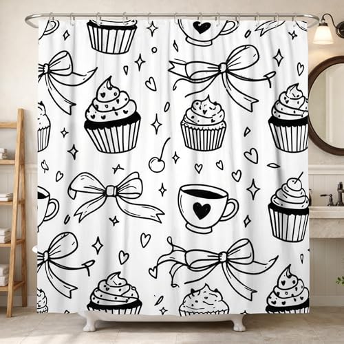 Cupcake-Duschvorhang, Fantasievoller Spaß, Schleife, Herz, keine, schwarz, waschbar, mit Haken, Krallenfuß, Badewanne, Duschvorhänge für Zuhause, Badezimmer, WC, Hotel, Dekoration, 157 x 183 cm