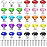 Nicunom 30 Pack Colorful Crystal Cabinet Knobs, 30mm Glass Drawer Knobs Diamond Shape Drawer Pulls with Screw for Kitchen, Nursery, Wardrobe, Cupboard