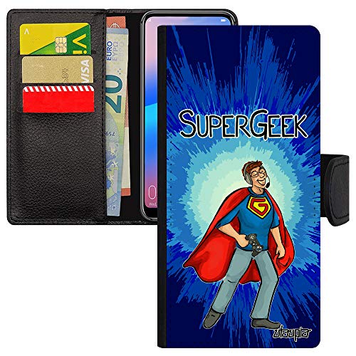 Coque Samsung Note 10 Lite simili cuir noir bleu style geek et super héros