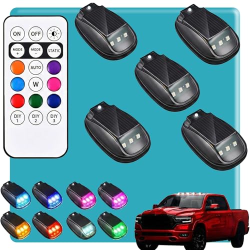 HUBAI 4/5/6PCS Solar Cab Lights, Solar Car Roof RGB Strobe Light, No Drill Solar Powered Cab lights with Remote Control, 8-Color,Waterproof, For Truck Suv Rvs Jeep Pickup (5pcs)
