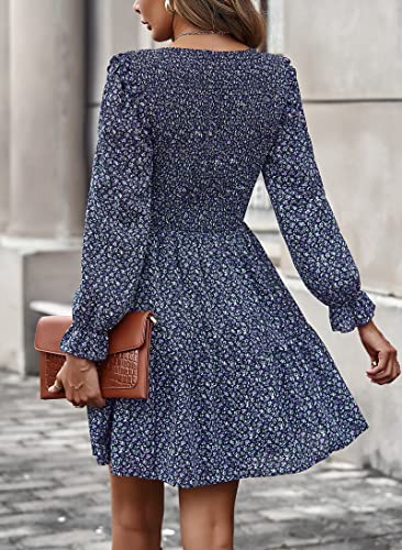 Image of KIRUNDO Long Sleeve Dress for Women 2025 Summer Fall Wedding Guest Smocked Floral Crewneck Ruffle A Line Flowy Mini Dress