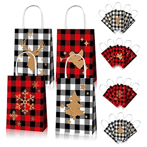 12Pcs Christmas Party Favor Bags w/ Handle Red & Black Plaid Bags Xmas Kraft Paper Candy Goodie Bags Christmas Party Celebration Treat Bags for Christmas Xmas Holiday Party Decoration Cover