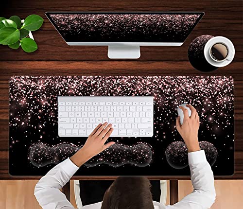 Large Gaming Mouse Pad Memory Foam Keyboard Wrist Rest, Extended Office Desk Mat, Office Desk Pad With Stitched Edges, Laptop Desk Table Protector Rose Gold Glitter Black Writing Mat #TOP3