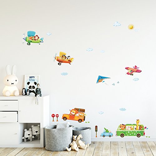 DECOWALL DA-18062P1506B Animal Transports and Biplanes Kids Wall Stickers Wall Decals Peel and Stick Removable Wall Stickers for Kids Nursery Bedroom Living Room décor - Thumbnail 3