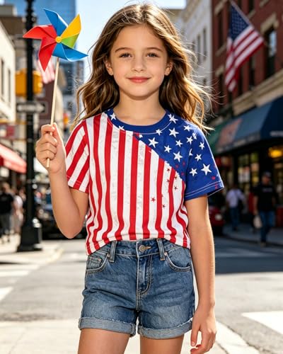 Image of Tkria Girl Crop Tops July 4th Crewneck Tshirt American Flag Patriotic USA Flag Girls Outfit Clothes Size 6-14