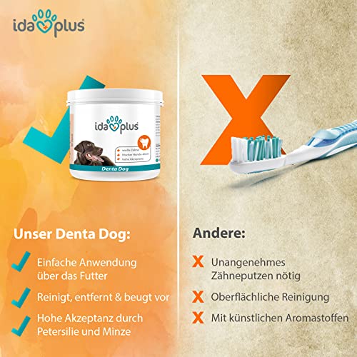 Ida Plus Denta Dog - kinderleichte Hunde Zahnpflege ohne Zähne bürsten - Hunde-Dental-Pflege stoppt Hunde Mundgeruch & sorgt für frischem Hunde-Atem - verhindert Hunde Zahnstein & Plaque - 150g