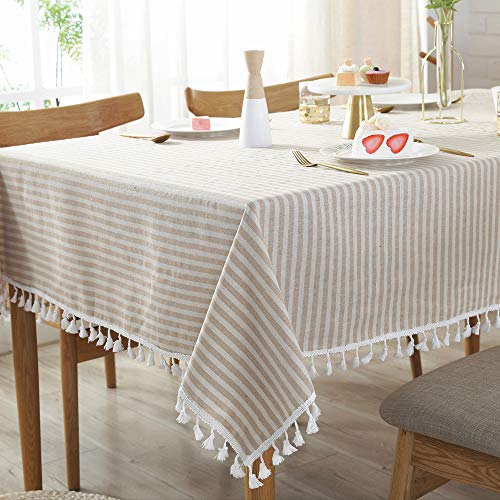 Trudelve Cotton Linen Tablecloth Stripe Tassel Rectangle Table Cloth Dust-Proof Table Cover For Kitchen Dinning Tabletop Decoration (Rectangle/Oblong, 55 X 86Inch, Beige) #TOP4