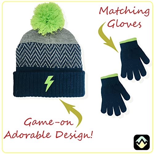 PEAK 2 PEAK Boys’ and Girls’ Winter Hat and Gloves Set – Knit Pom-Pom Beanie with Sparkle – Ages 4-124