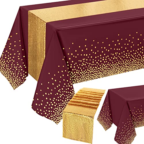 Tudomro Tablecloth and Sequin Table Runner Set 54 x 108 Inch Polka Dots Confetti Table Cover Dining Plastic Glitter Party Decorations for Birthday Wedding Anniversary Party(Burgundy Gold) by Tudomro - Used condition - US$7.69