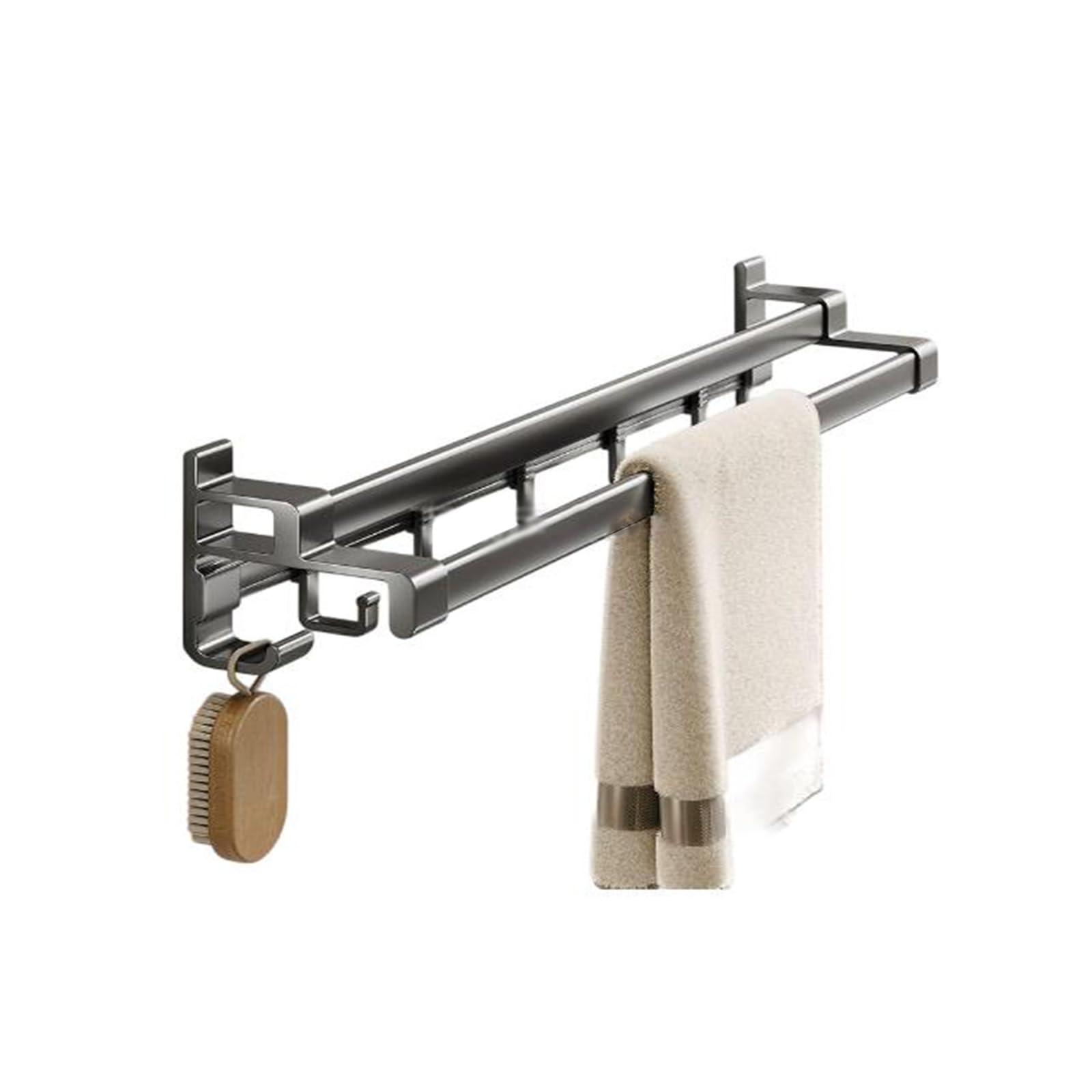 Porte serviette salle de bain sans perçage gris alu 70cm double barre