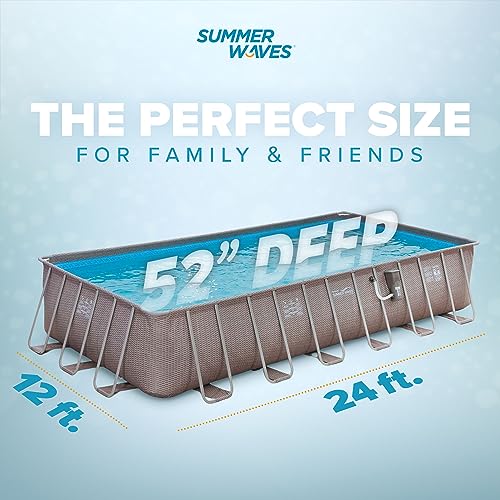 Summer Waves Elite 24' x 12' x 52" Outdoor Rectangular Frame Above Ground Swimming Pool Set with Filter Pump, Cover, Ladder and Ground Cloth, Brown