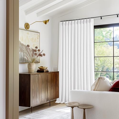 Image of TWODRAPES Extra Wide 102 Inch Long Curtains 70 Inch Width Pinch Pleat Linen Curtains for Living Room BedroomLight Filtering Privacy Pleated Hooks Rings Back Tab for Sliding Door White 1 Panel