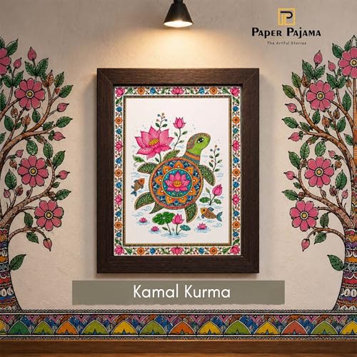 Image of PAPER PAJAMA Madhubani Turtle Wall Art for Living Room | Lotus & Sea Turtle Folk Art Painting | Traditional Mithila Framed Decor for Home, Office & Bedroom (10x13 Inches)
