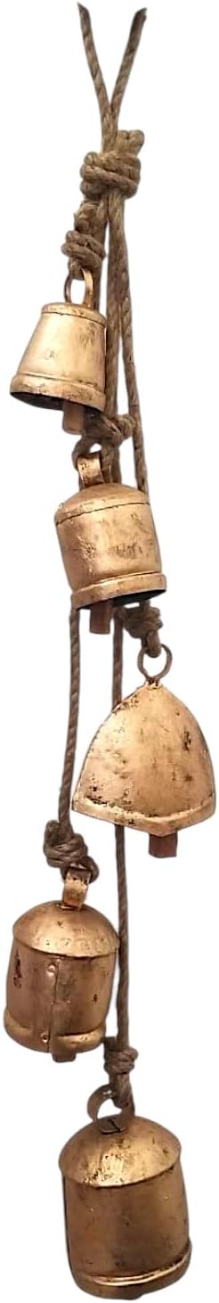RW Handmade Iron Bell Hanging Chime 5 Bells Cluster for Wreaths, Outdoor, Indoor, Christmas, Decorations, 29 Inch Long Jute Rope