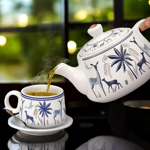 Image of CRAF10 Handcrafted Ceramic Blue Stag Teapot Cup Set - 1 Kettle (1 Litre) & 6 Cups (160 ML), Microwave & Dishwasher Safe | Morning Set | Tea Sets with Kettle for Gifting