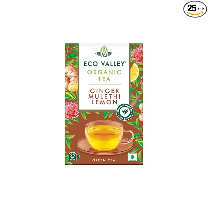 Eco Valley Organic Green Tea - Ginger Mulethi Lemon - 25 Tea Bags | Grown In Nilgiris, 50 grams, Pack of 1