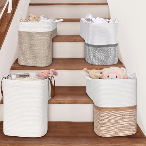 Image of Woven Stair Basket, Stair Baskets for Wooden Stairs, Carpeted Stairs Storage Basket with Handles, Staircase Baskets for Toys, Books, Yellow, 15 inch L x 10 inch W x 15 inch H