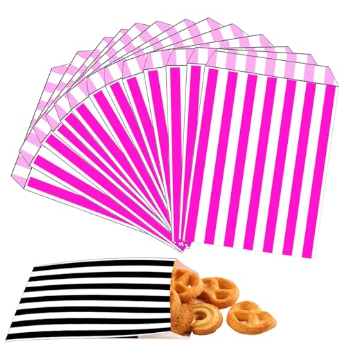 100 pièces Rose Rayures Sac Cadeau Sachet Bonbons Anniversaire,12.7cmx17.8cm Petit Pochette Papier Kraft pour Emballage Cadeau Garçon Fille,pour Anniversaire...