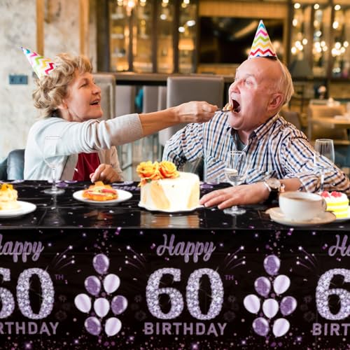 Image of Ganeen 3 Pack 60th Birthday Tablecloth Purple Black Happy 60th Birthday Decorations Disposable Plastic Rectangular Table Cover for Party Supplies Women Men, 108 x 54 Inch