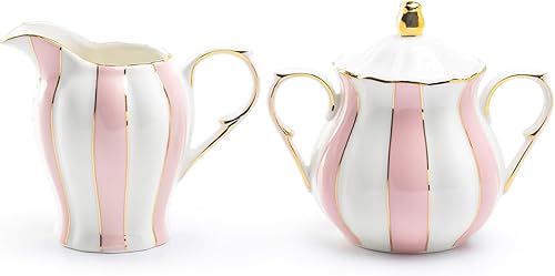 Grace Teaware - Juego de azúcar y crema de porcelana fina de vieira rosa y blanca con ribete dorado