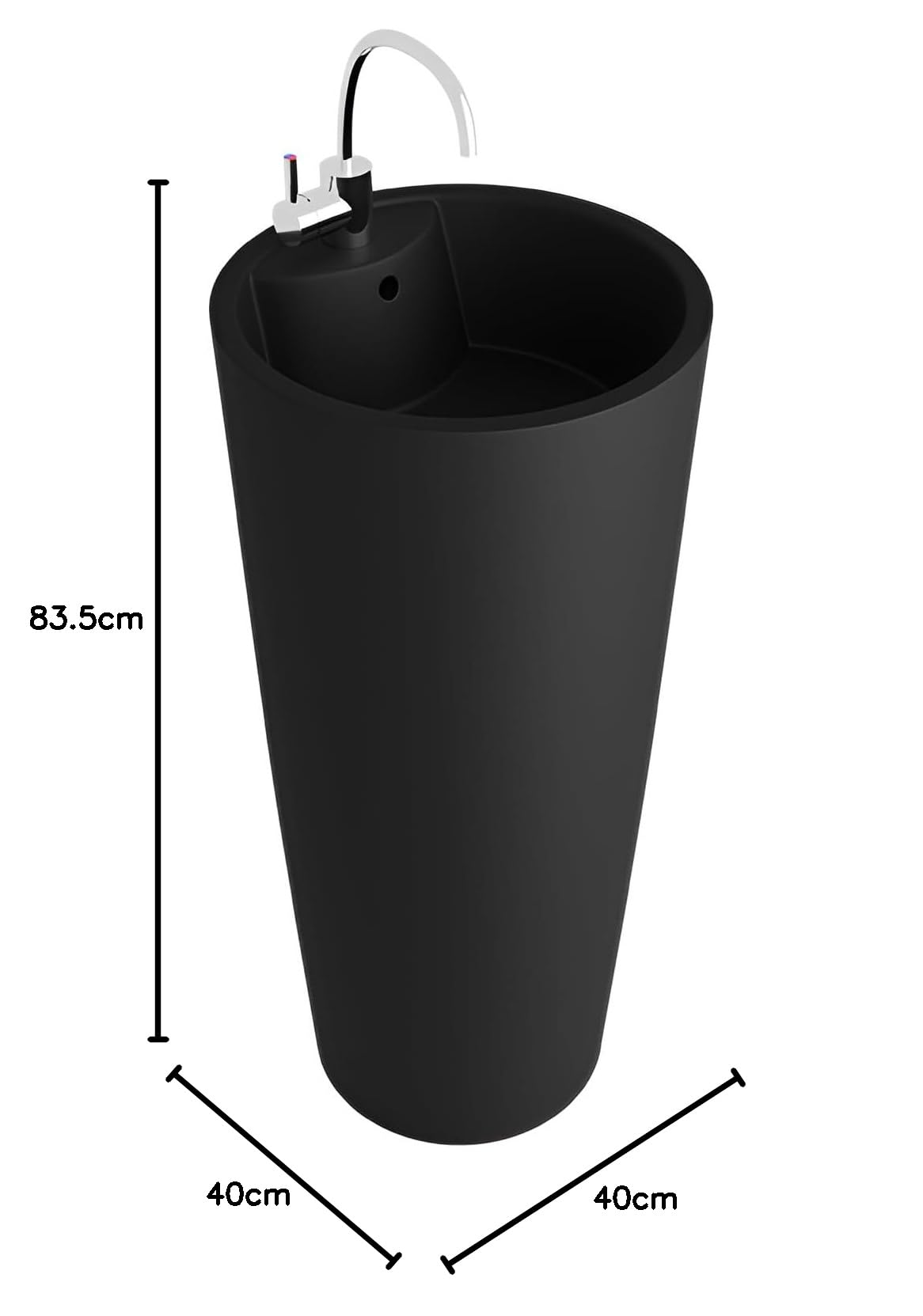 lavita Lavabo de pie Uvas Black | Lavabo redondo con rebosadero y orificio para grifo | de porcelana de alta calidad | lavabo de pie | 83,5 x 40 x 40 cm | negro mate