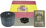 Mechero Recargable Grabado con Escudo de España + Molinillo de Especias y Hierbas de 4 Piezas + Caja de Madera 10x10x5 cm. (Grinder Plateado)
