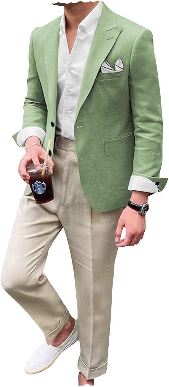 Mens Linen Suit Jacket for Men Slim Fit Casual Blazer Men Beach Wedding Jacket Formal Business